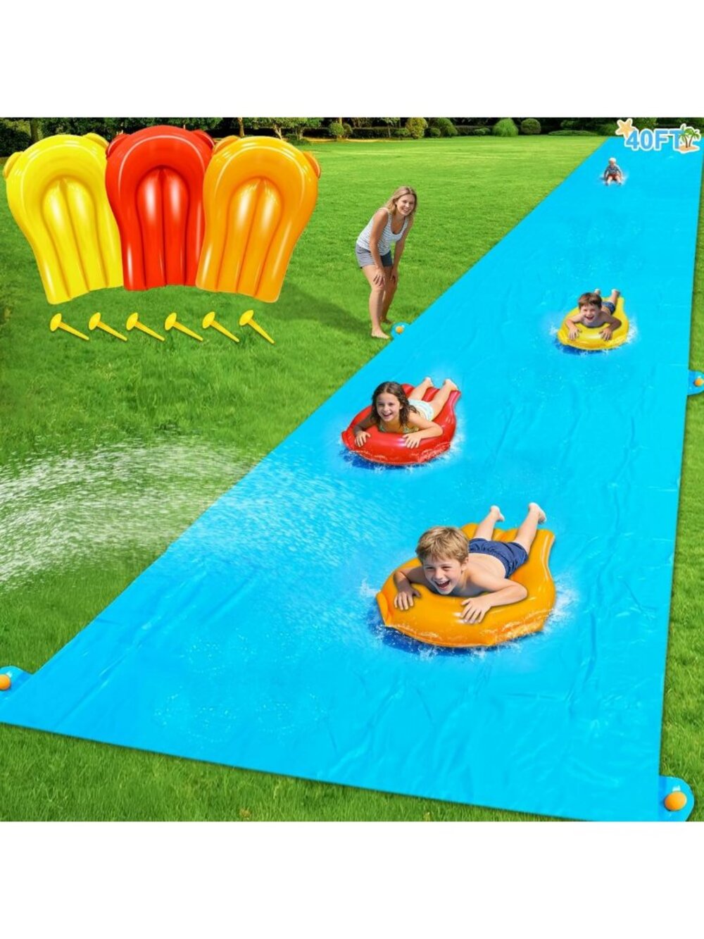 40FT Extra Long Heavy Duty Slip Water Slide with 3 Bodyboards & Stakes - Summer